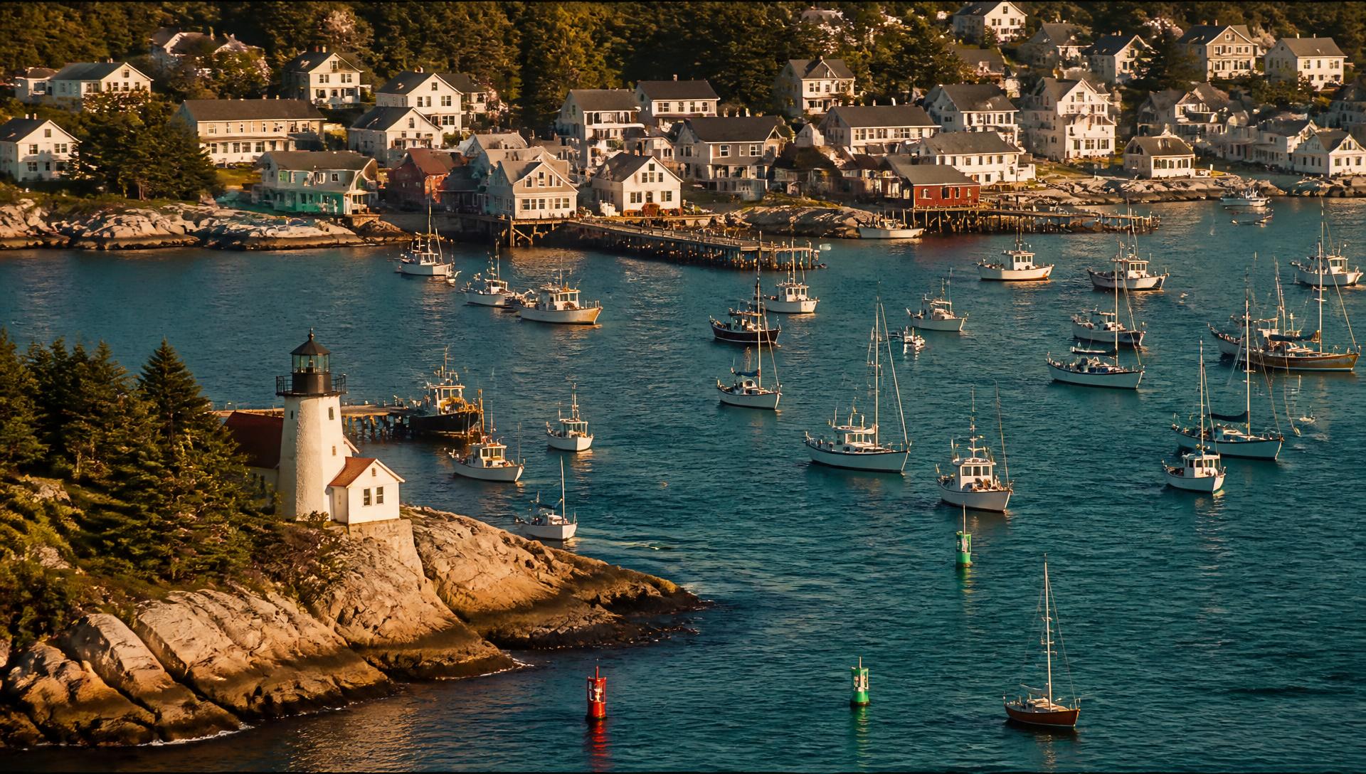 Golden hour over a Maine harbor filled with moored lobster boats and sailboats